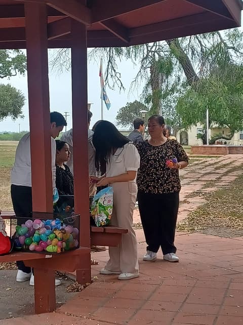 An Easter egg hunt under the gazebo, set up by a dorm parent.