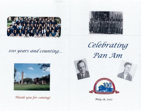 The cover of the Centennial Celebration program: “Celebrating Pan Am — 100 years and counting…”, May 18, 2012.