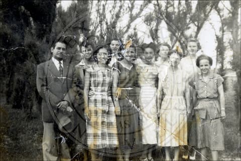 At Pres-Mex, the girls’ school: Pres Mex Faculty. 1948-1949. Back Row: Left to Right Miss Berta Murray; Miss Elisa Gonzales; Miss Ella Hesse; Miss Mary Frances Robinson. Front Row: Left to Right Rev. I.S. de Lugo; Mlss Luisa Rodriguez; Miss Esperanza Villareal; Miss Dora Delgado; Miss Martha Taylor; Miss Beatrice Moore.