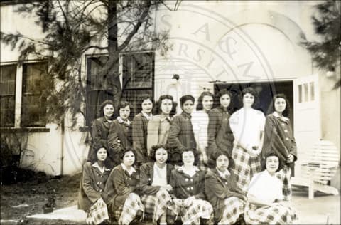 At Pres-Mex, the girls’ school: Sophmore Class. 1948-1949. Front Row (L-R): Ellen Alamia; Angelita Serrate; Rachel Gutierrez, president; Alpha Prince; Amparo Reyes; Ninfa Maldonado. Second Row (L-R): Mary Louise Vera; Bertha Castrejon; Sofia Beltran; Elizabeth Marquez; Martha Sanchez; Ruth Marroquin; Elsa Gonzalez, secretary; Blanca Gonzalez; Margarita Salinas, treasurer.
