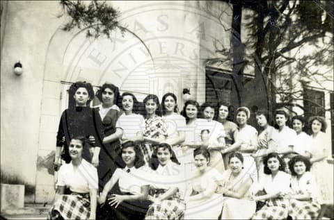 At Pres-Mex, the girls’ school: Eighth Grade Class. 1948-1949. Front Row (L-R): Myrthala Kladiano; Lucy Vela; Clotilde Martinez; Julia Flores, Lucia Saldana; Edelnira Mota; Jania Torres. Second Row (L-R): Aracely Garza; Graciela Ramirez; Elizabeth Sanchez; Guillermina Valladares; Gloria Cid de Leon; Laura Beltran; Rebecca Minor; Lydia Ramirez; Mary Garza; Mercedes Adame; America Martinez; Ofelia Lopez; Irene Ortega.