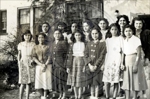 At Pres-Mex, the girls’ school: Seventh Grade Class. 1948-1949. Front Row (L-R): Bertha Trevino; Marla Gutierrez; Noemi Rodrlguez; Thelma Castilleja; Rosalinda Montez; Yolanda Castilleja; Pauline Damian. Second Row (L-R): Martha Leon; Concepcion Roa; Elizabeth Lopez, treasurer; Minerva Cardenas, secretary; Yolanda Tejeda, vice-president; Elvira Adame.