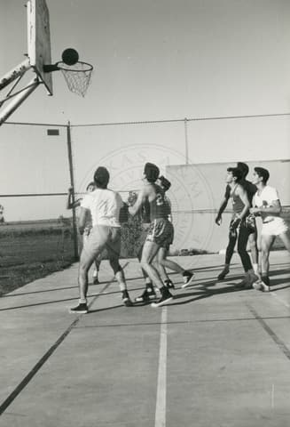 Students playing basketball.