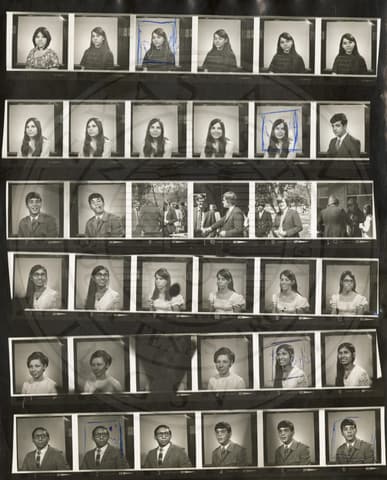 Choir 1971, a contact sheet: Frances Sandoval and Leticia Perez; Alma Garza and Isaac de Lugo; Elpidio Padilla and Justyn Rees; Melva Turrubiates and Vicky Osborn; Carmen Chapa and Melva Turrubiates; Isaias Uc and Elpidio Padilla.