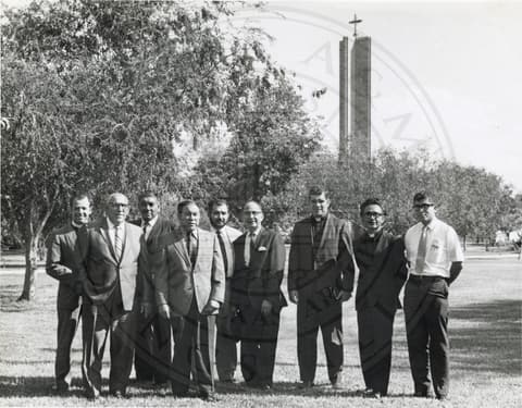 Eight visitors in the garden, 1971.